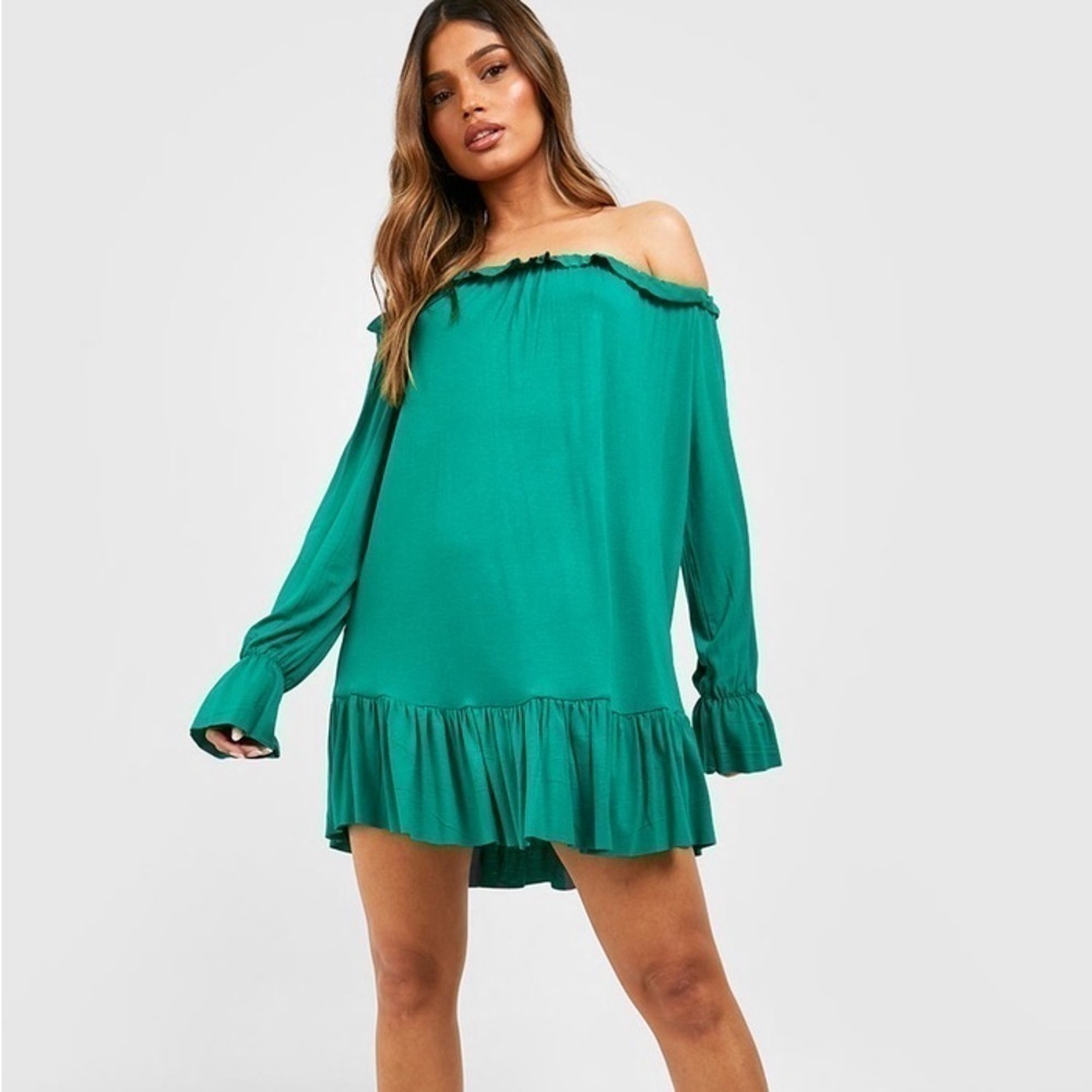 NWT Boohoo Frill Detail Cold Shoulder Long Sleeve Green Dress Tunic Sz 6
